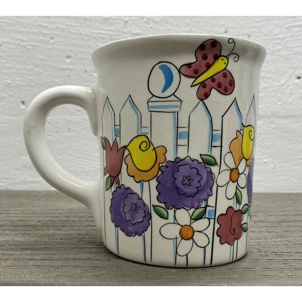 Vintage Oversized Garden Scene Picket Fence Flowers Coffee Mug Cup Betallic Inc